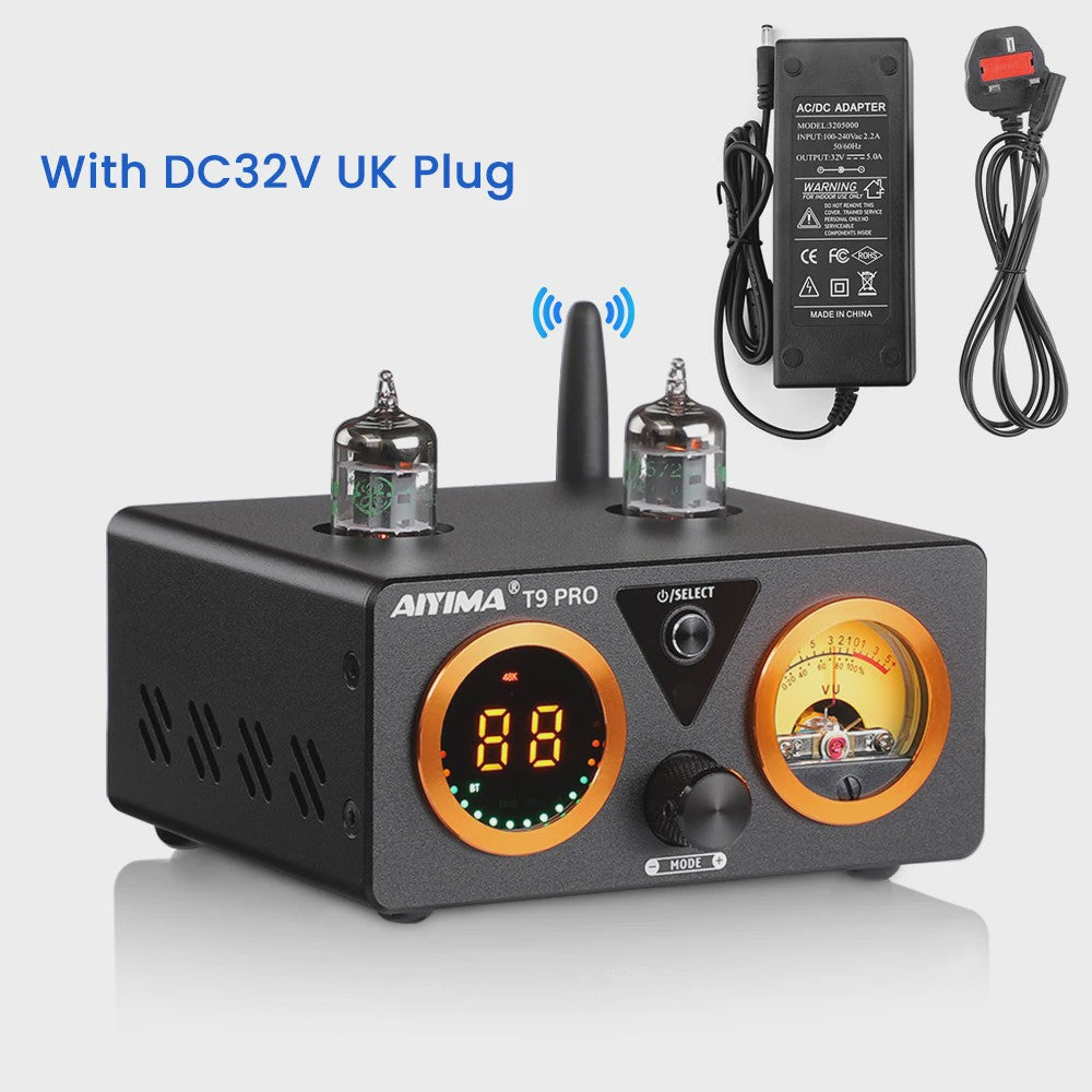 AIYIMA T9 PRO HiFi Bluetooth 5.2 Tube Versterker met VU Meter - 100W x 2 Stereo Audio Amp met USB DAC, COAX & OPT