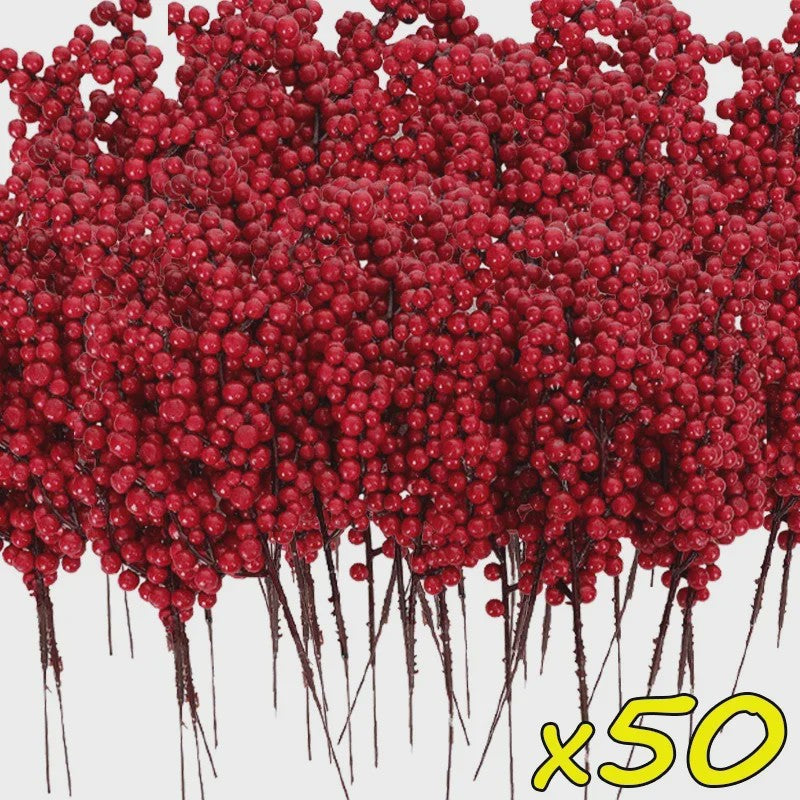 50 Kerst Takken met Kunstmatige Rode Bessen - Feestelijke Decoratie voor Kerstboom & Huis