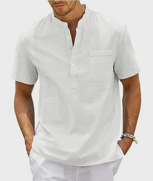 Herenshirt met Hennekhals en Borstzak - Korte Mouw, Katoen Linnen Mix - Casual & Vintage Stijl