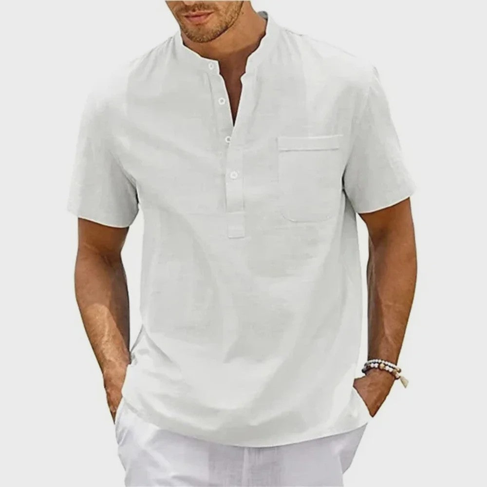 Herenshirt met Hennekhals en Borstzak - Korte Mouw, Katoen Linnen Mix - Casual & Vintage Stijl