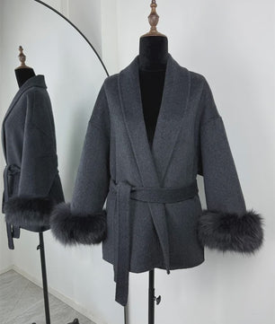 Luxe Dames Woljas met Bontkraag en Riem - Kort & Elegant