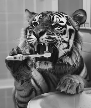 Grappige Zwart-Wit Canvas Poster: Schattige Dieren Poetsen Tanden - Muurdecoratie