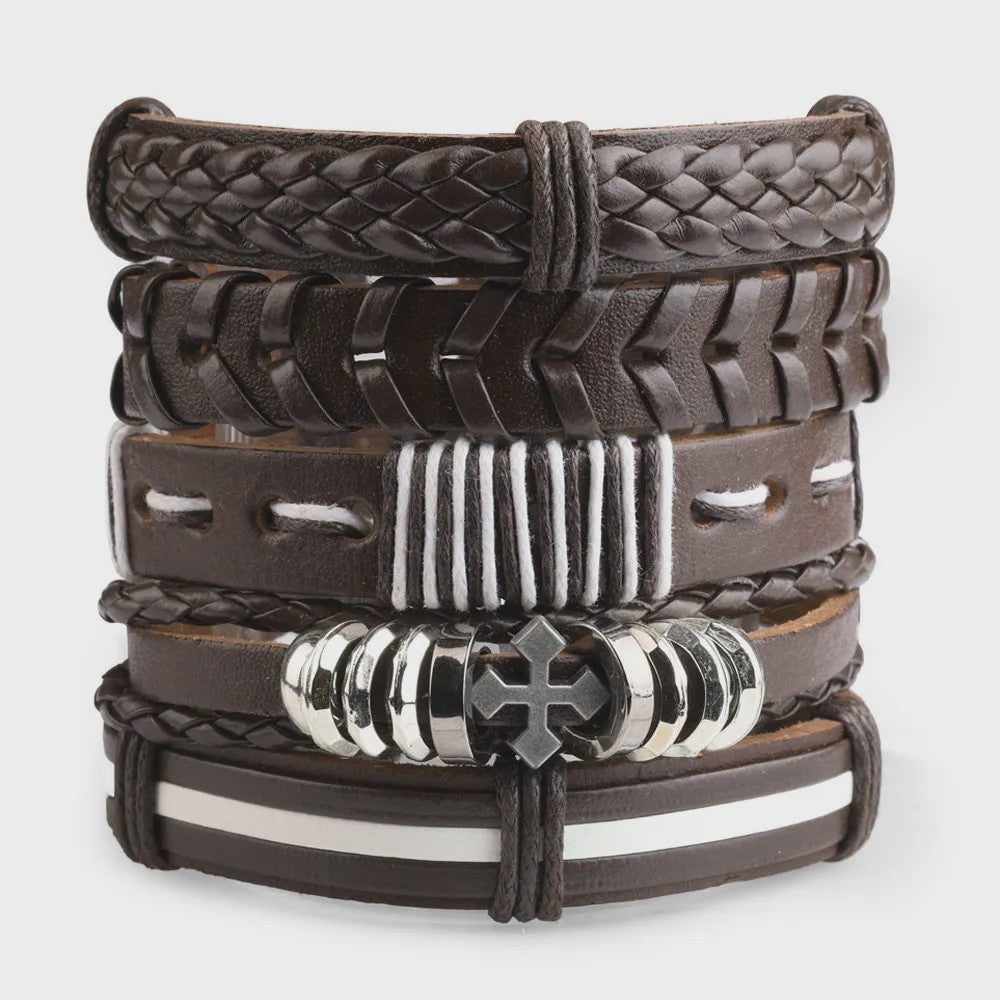 Heren Leren Armbanden Set - Viking, Gothic & Punk Stijl - Multilayer Vintage