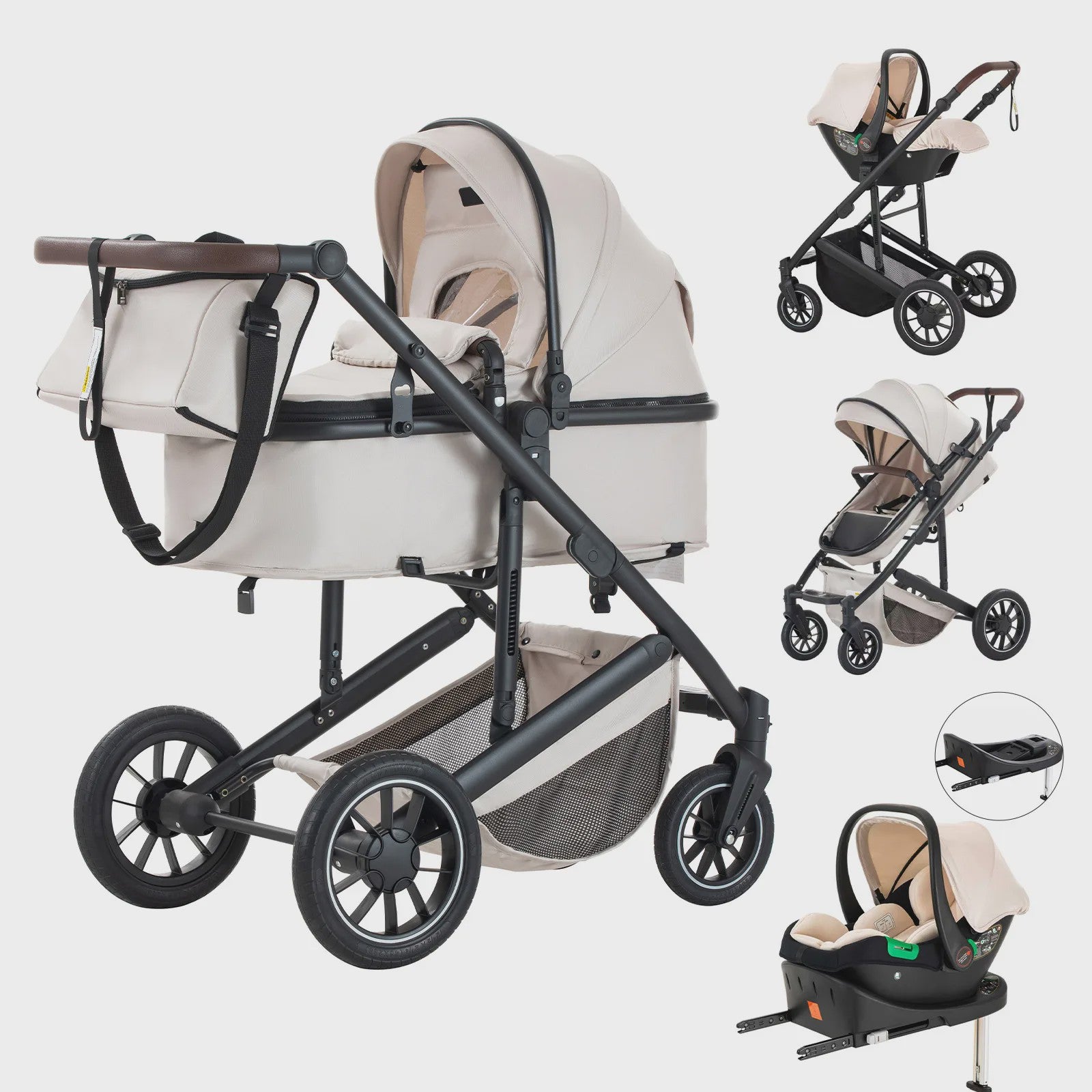 Luxe 3-in-1 Baby Kinderwagen: Hoge Landingsbaan Aluminium Frame, Inklapbaar, Reiswieg & Autostoel