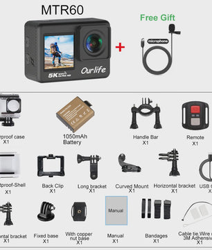 Ourlife MTR60 Pro 5K Actiecamera: 4K60FPS, WiFi, Waterdicht, Touchscreen & Afstandsbediening