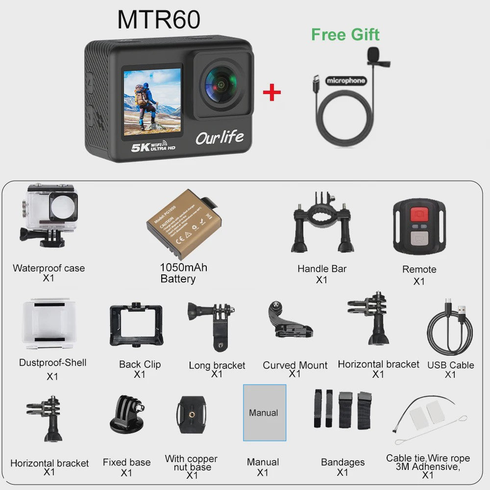 Ourlife MTR60 Pro 5K Actiecamera: 4K60FPS, WiFi, Waterdicht, Touchscreen & Afstandsbediening