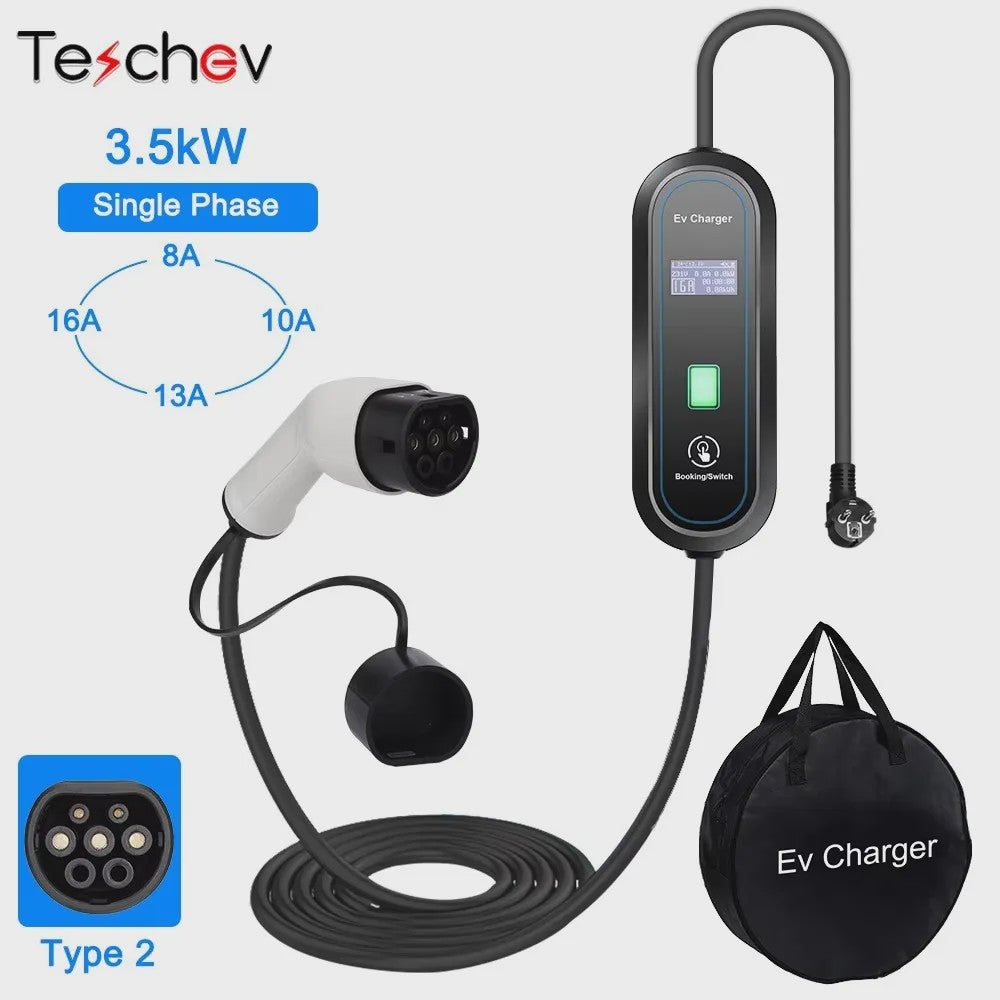 Teschev 3.5KW Draagbare EV Oplader - Type 2 & Type 1, 16A, IP65 Waterdicht
