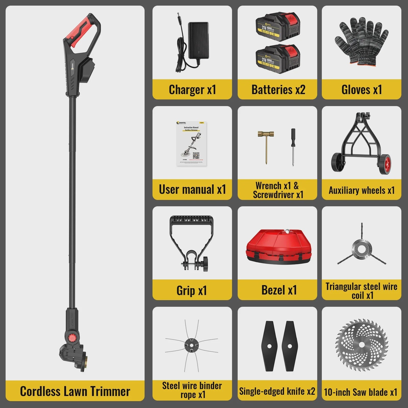 Krachtige Accu Grastrimmer 21V - 2000W Snoerloze Bosmaaier met 2x 4000mAh Accu's & Wielondersteuning