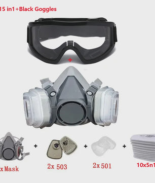 Half Gelaat Stofmasker Set met 503 Deeltjesfilters en Veiligheidsbril - Ideaal voor Industrie, Verfspuiten en Slijpen