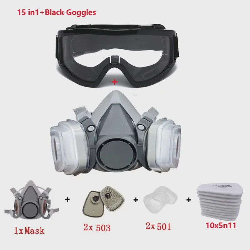Half Gelaat Stofmasker Set met 503 Deeltjesfilters en Veiligheidsbril - Ideaal voor Industrie, Verfspuiten en Slijpen