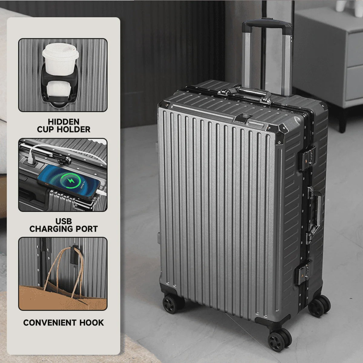 Aluminium Koffer met USB & Combinatieslot - Rolbaar Reiskoffer in Diverse Maten (20-28 inch)
