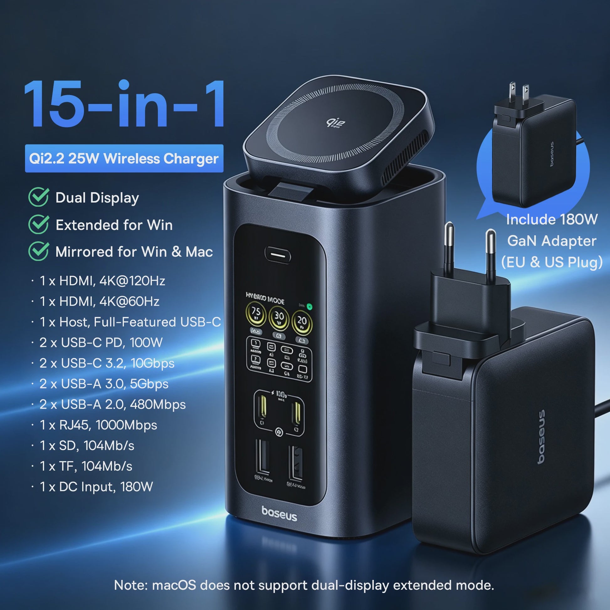 Baseus 15-in-1 USB-C Docking Station met 160W PD & 25W Draadloze Charger