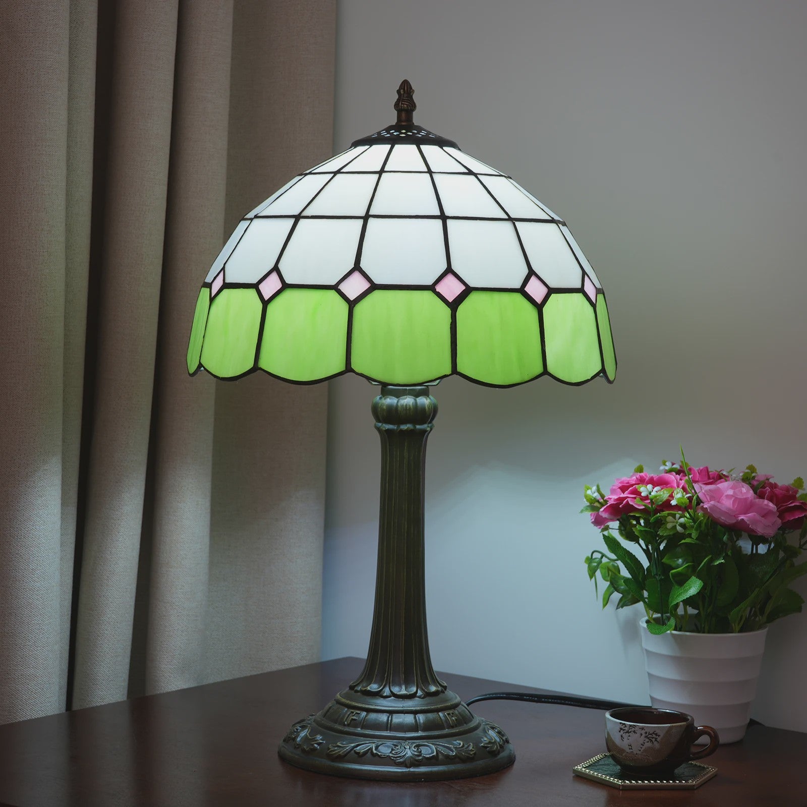 Vintage Gebrandschilderd Glas Tafellamp - Pauwstaart Stijl