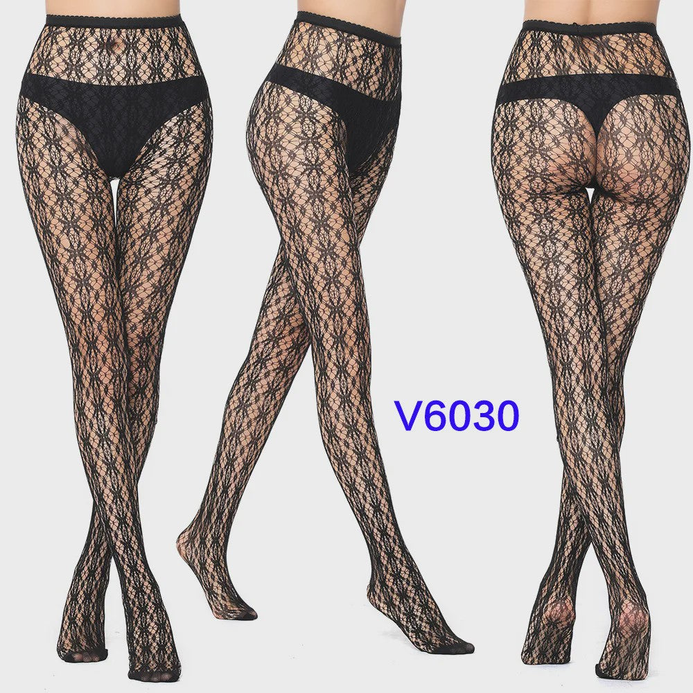 Dames Visnet Panty's met Jacquard Weefsel - Gothic Kant & Spider Net Stijl