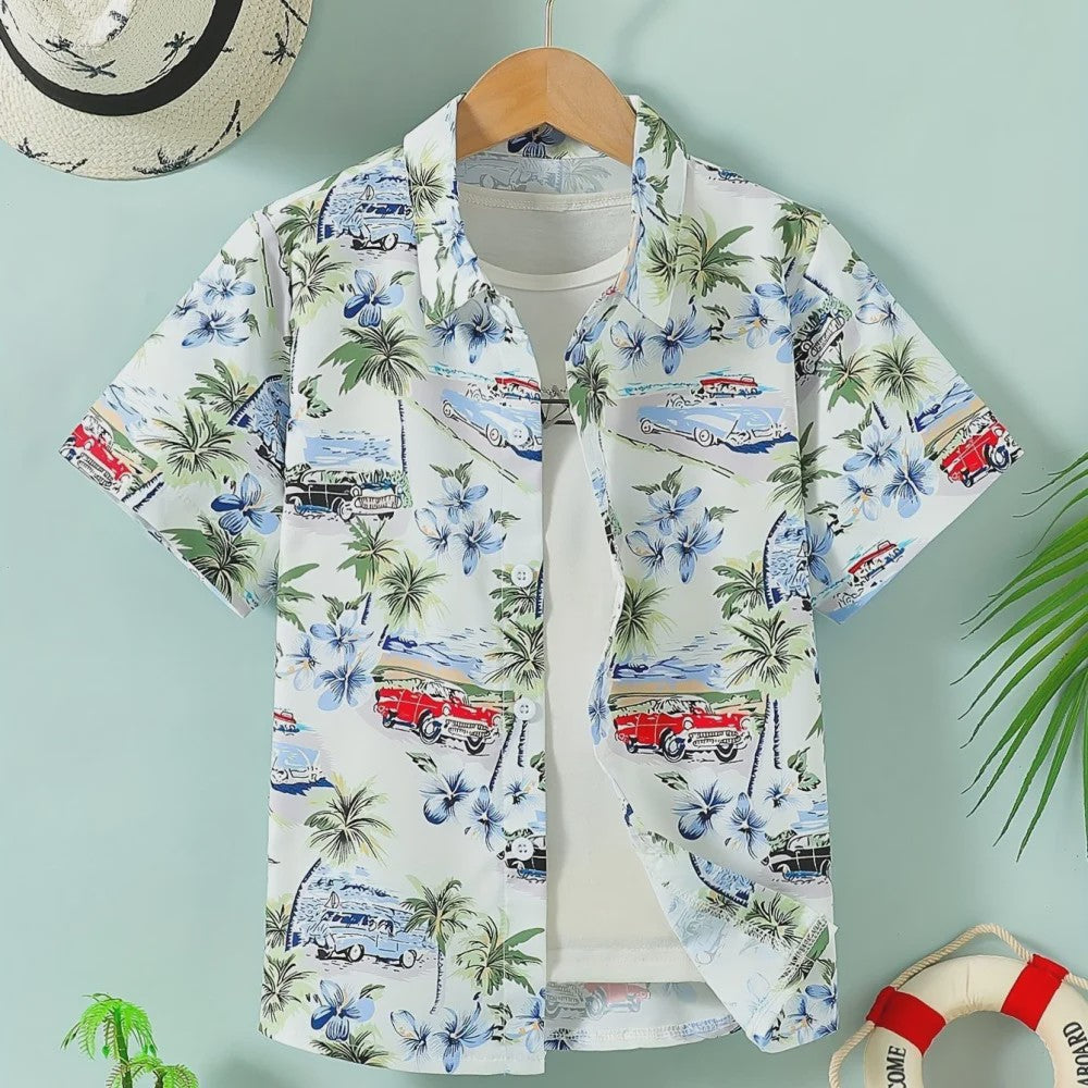 Kinder Hawaii Blouse Korte Mouw met Palmbomen Print - Perfect voor Vakantie en Buitenplezier