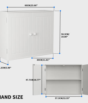 Houten Wandkast Badkamer met Dubbele Deuren - Wit - Ophangbaar & Vrijstaand - 60x50.3x15.2cm