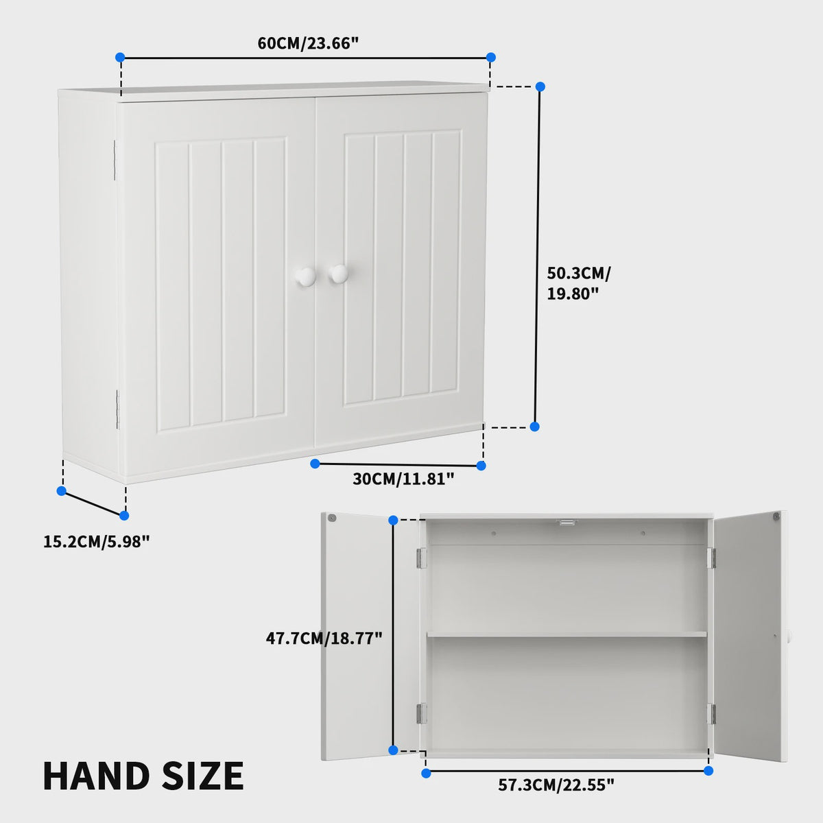 Houten Wandkast Badkamer met Dubbele Deuren - Wit - Ophangbaar & Vrijstaand - 60x50.3x15.2cm