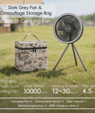 Draagbare Camping Ventilator met 10000mAh Batterij, LED Verlichting & Powerbank Functie