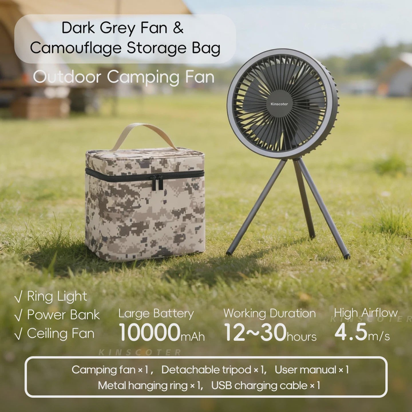 Draagbare Camping Ventilator met 10000mAh Batterij, LED Verlichting & Powerbank Functie