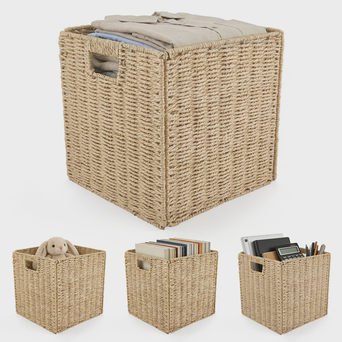 Weaving Storage Basket -4 Sets,Storage Basket Desktop Toy Cosmetics Storage Box Home Foldable Drawer Entrance Imitation