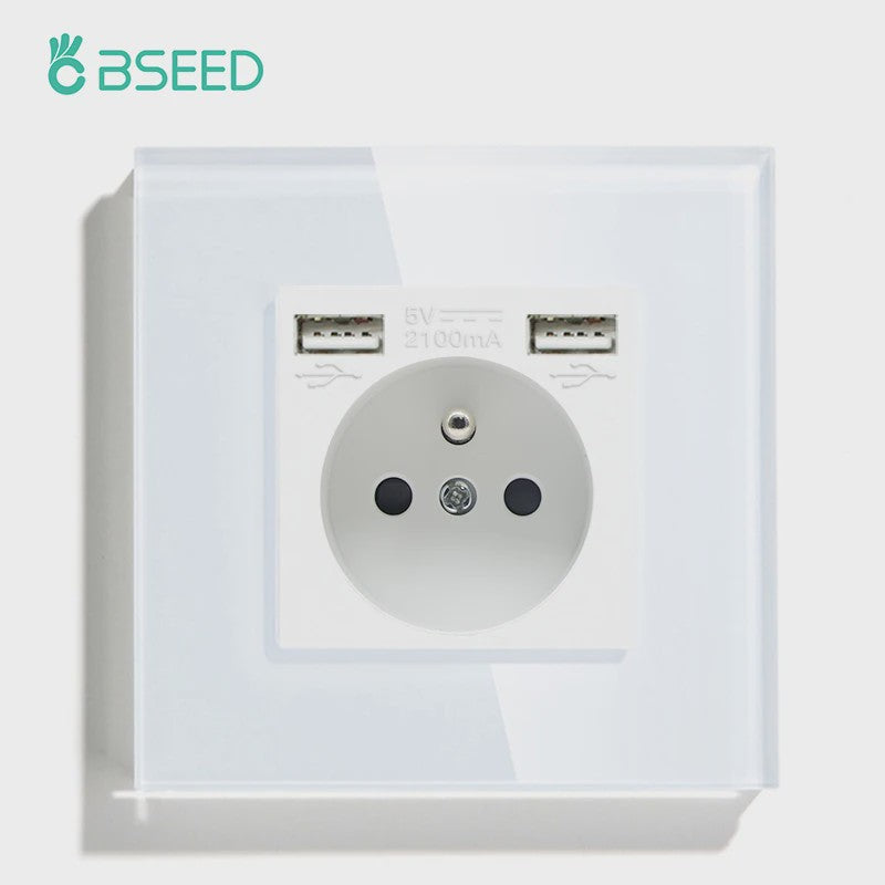 BSEED Wandcontactdoos met Dubbele USB & Type-C Poorten - Stijlvol Glazen Frame