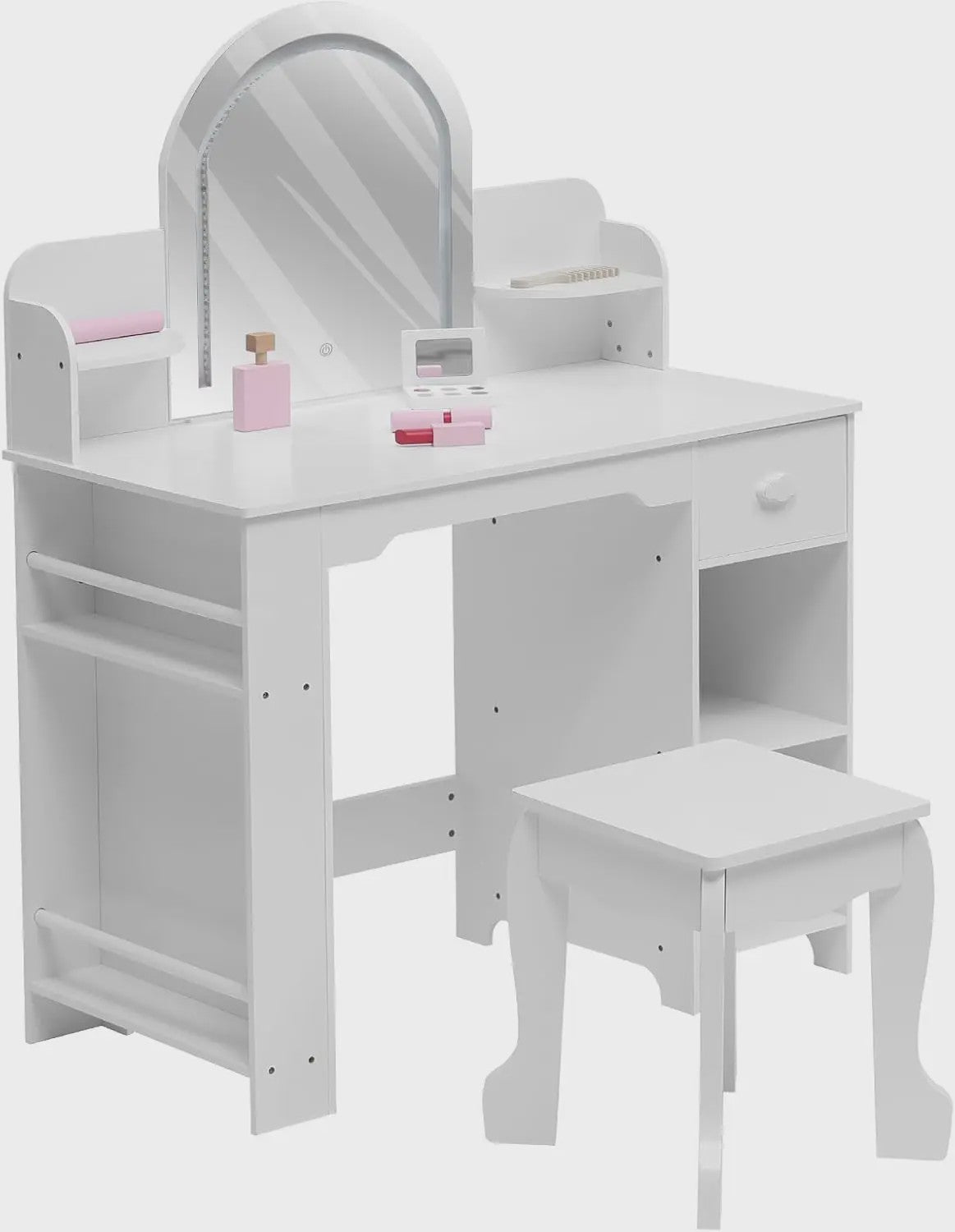 Prinsessenkaptafel met Verlichte Spiegel en Krukje - Kinder Make-up Tafel met Opbergruimte