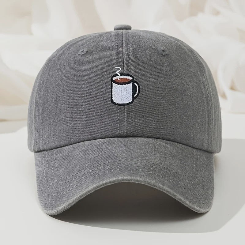 Retro Gewassen Baseball Cap met Koffiekopje Borduurwerk - Verstelbaar & Casual