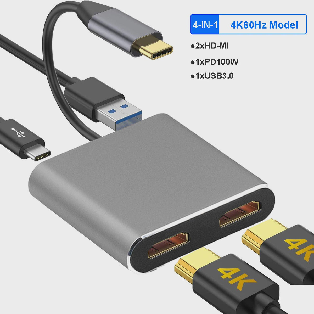 4-in-1 USB-C Hub Docking Station met 4K@60Hz HDMI, PD 100W en USB 3.0