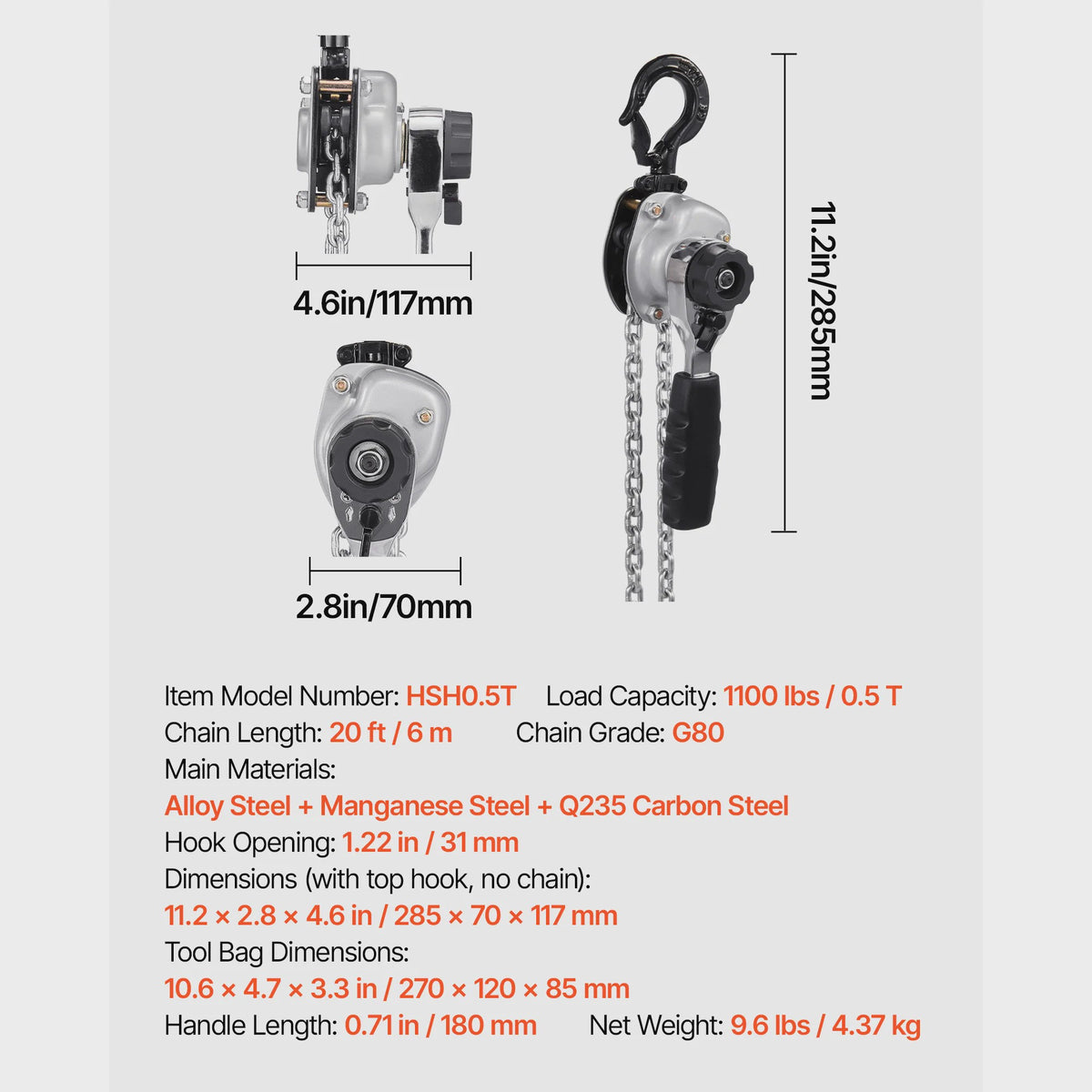 Handkettingtakel 0.5T/0.25T - 5/10/20FT Hefhoogte - G80 Staalketen - Dubbele Rem