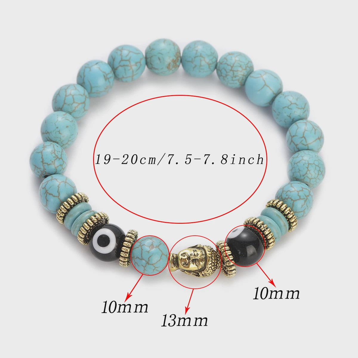 Handgemaakte Buddha & Evil Eye Armband met Turkoois Blauwe Stenen - Elastisch, Yoga Stijl