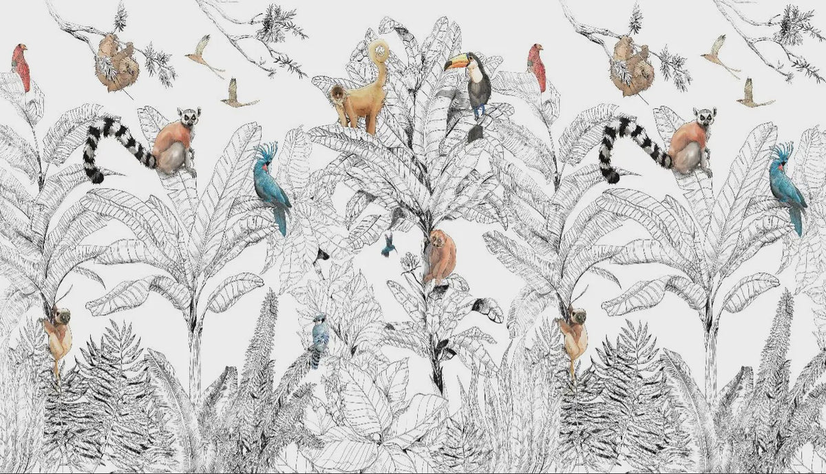 Milofi 3D Muurschildering Behang: Scandinavisch Bos met Jungle Dieren voor Kinderkamer