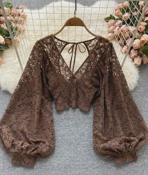 Elegante Dames Blouse met Kant en Lantaarnmouwen - V-hals & Backless