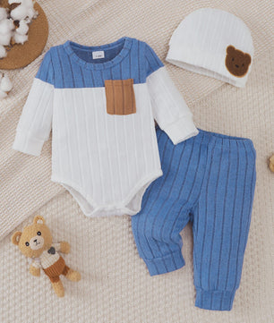 Baby Jongen Set: Longsleeve Bodysuit, Broekje & Muts - Kleurblok Design (0-18 Maanden)