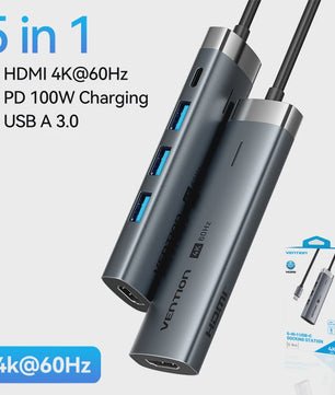 Vention 5-in-1 USB-C Hub: 4K@60Hz HDMI, 3x USB 3.0, PD 100W Docking Station
