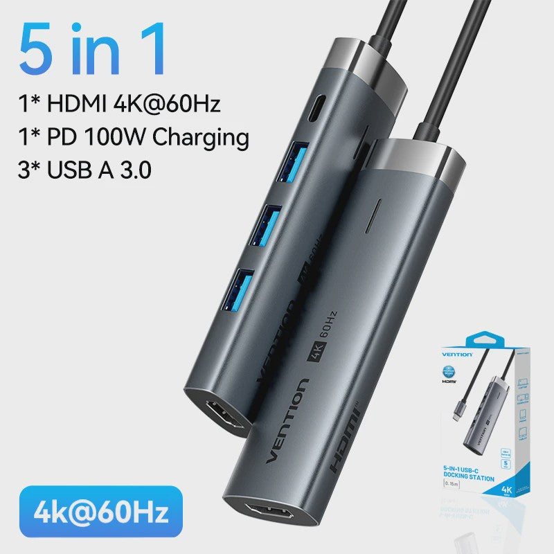 Vention 5-in-1 USB-C Hub: 4K@60Hz HDMI, 3x USB 3.0, PD 100W Docking Station