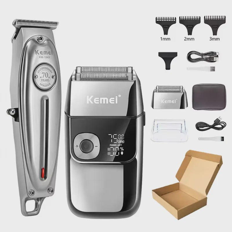 Kemei KM-1949 All Metal Hair Clipper & KM-2028 Shaver Set - Professioneel Draadloos Trimmer & Scheerapparaat