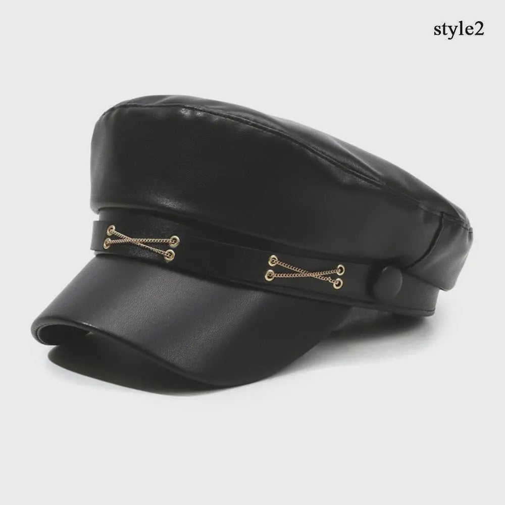 Klassieke Zwarte PU Lederen Baret met Vizier - Retro Stijl Pet voor Dames