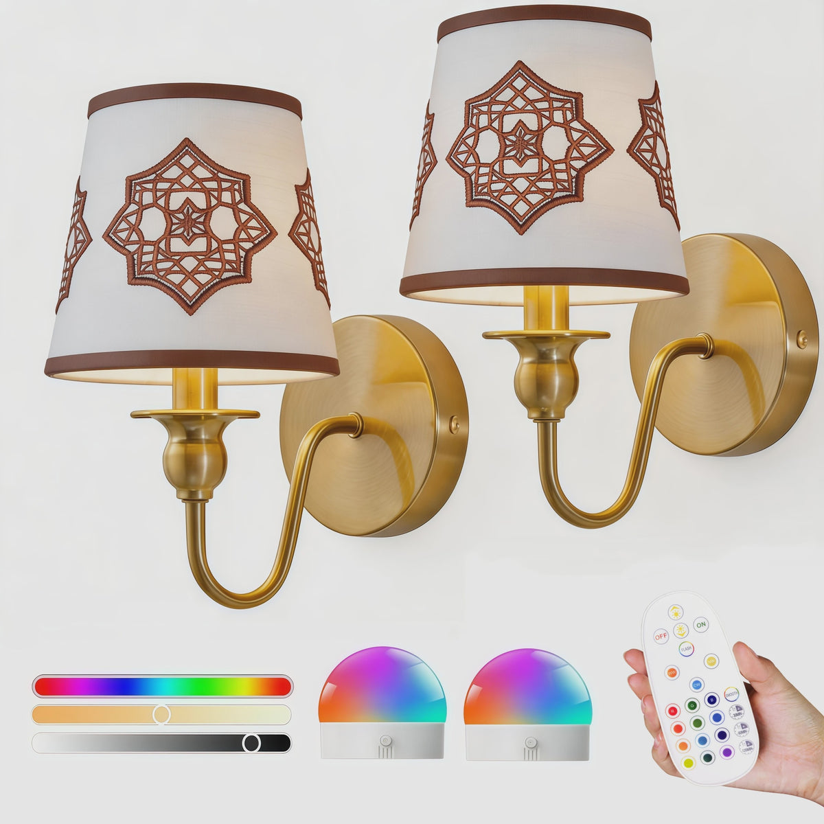 Draadloze Wandlamp Goud met Afstandsbediening & 15 Kleuren LED - Oplaadbaar, Dimbaar, Stoffen Kap