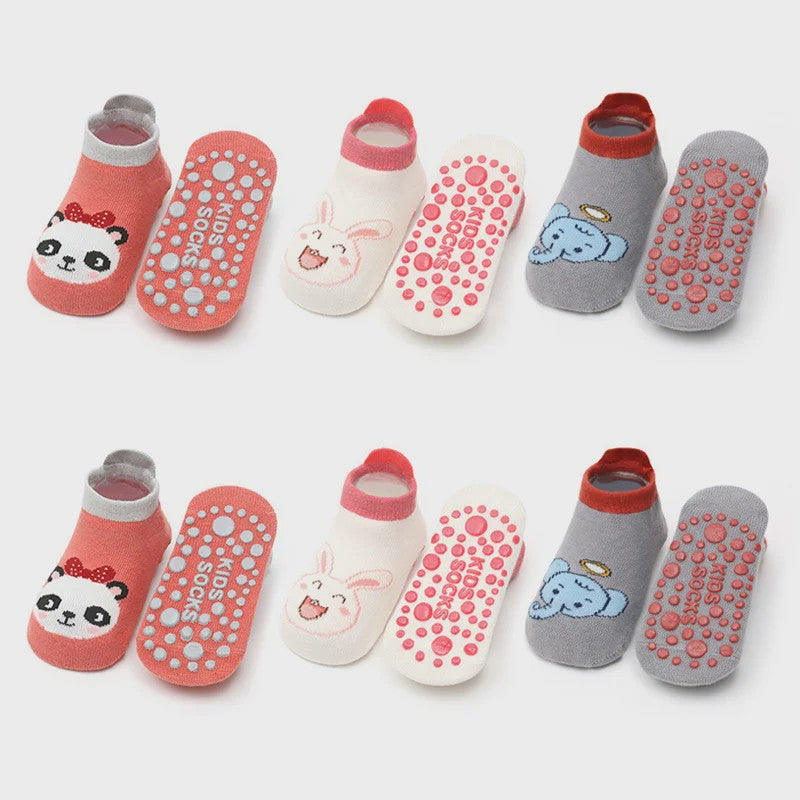 6 Paar Leuke Kinder Sokken met Antislip - Katoen, Ademend & Comfortabel - Schattige Dierenprintjes