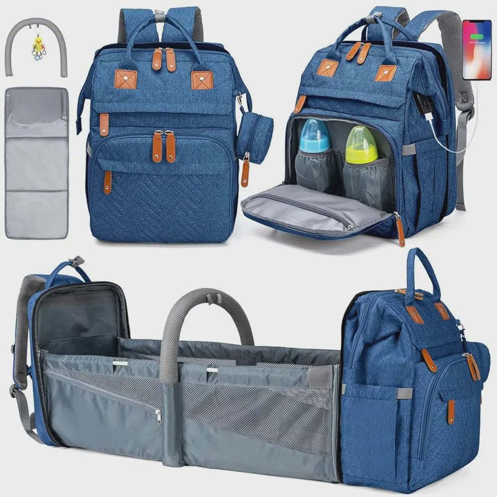 Multifunctionele Baby Luiertas Rugzak met Inklapbaar Babybedje en USB Laadpoort