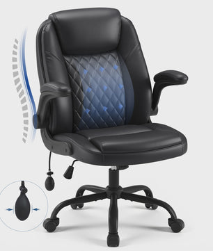 Luxe Zwarte Lederen Bureaustoel met Verstelbare Lendesteun, Dikke Vulling & Opklapbare Armleuningen – Ergonomisch voor Kantoor en Gaming