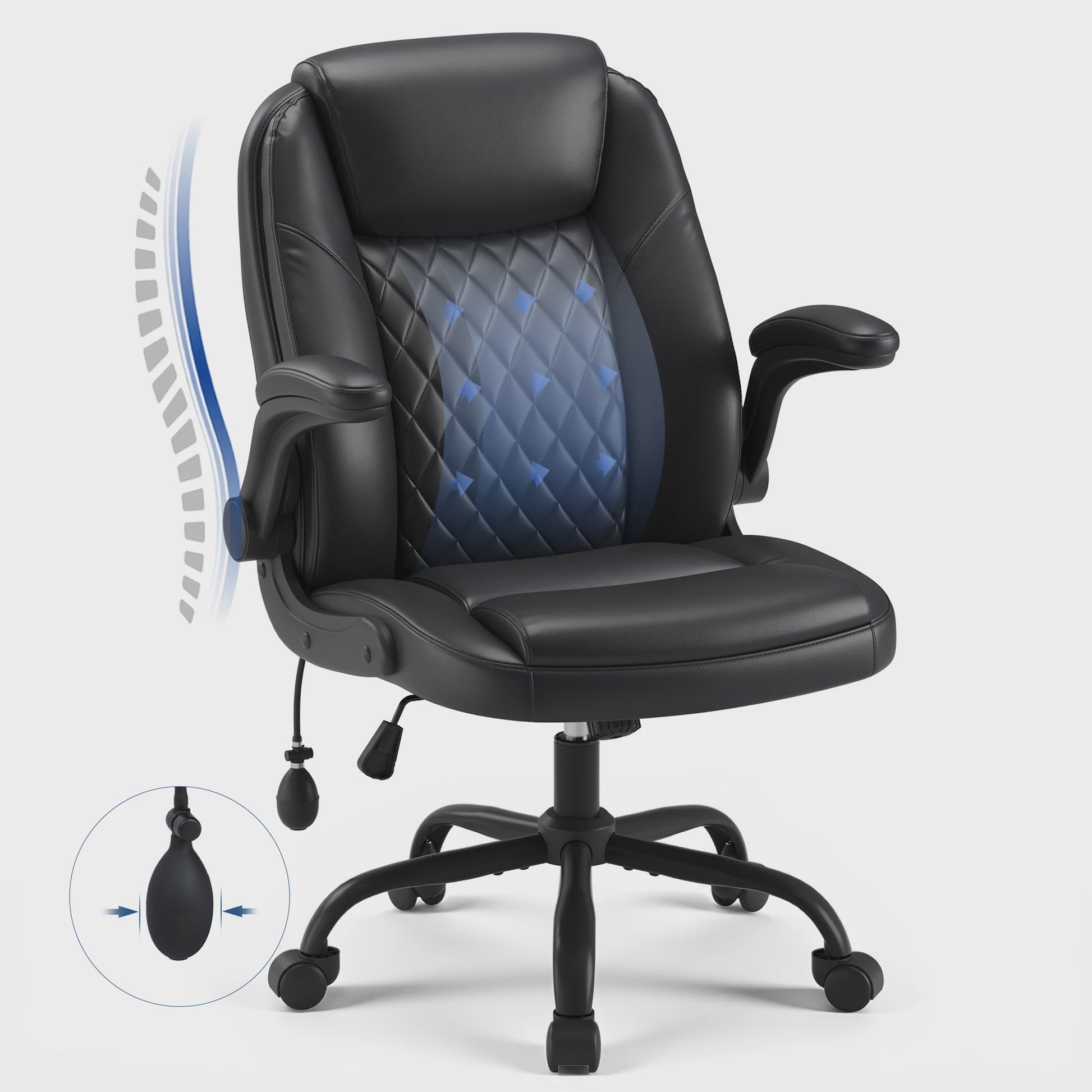 Luxe Zwarte Lederen Bureaustoel met Verstelbare Lendesteun, Dikke Vulling & Opklapbare Armleuningen – Ergonomisch voor Kantoor en Gaming