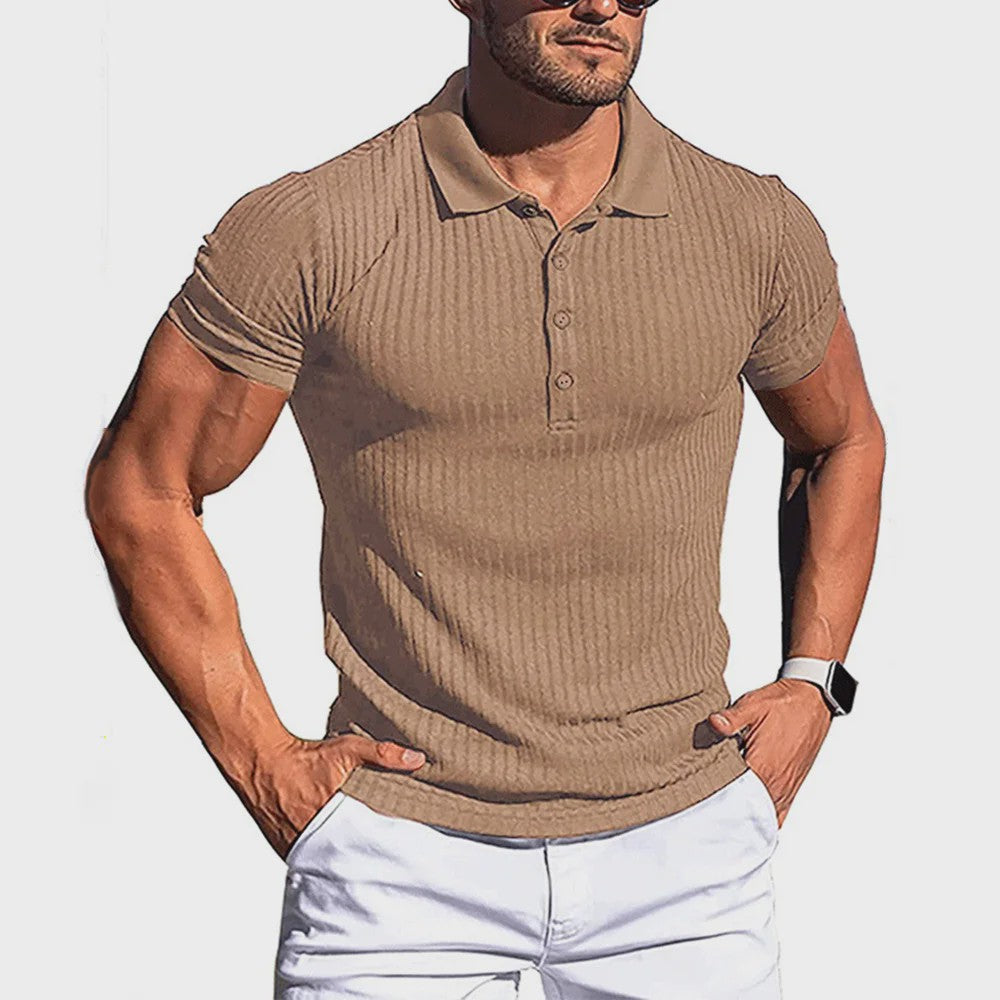 Zomer Heren Poloshirt met Verticale Streep en Elastische Pasvorm - Korte Mouw