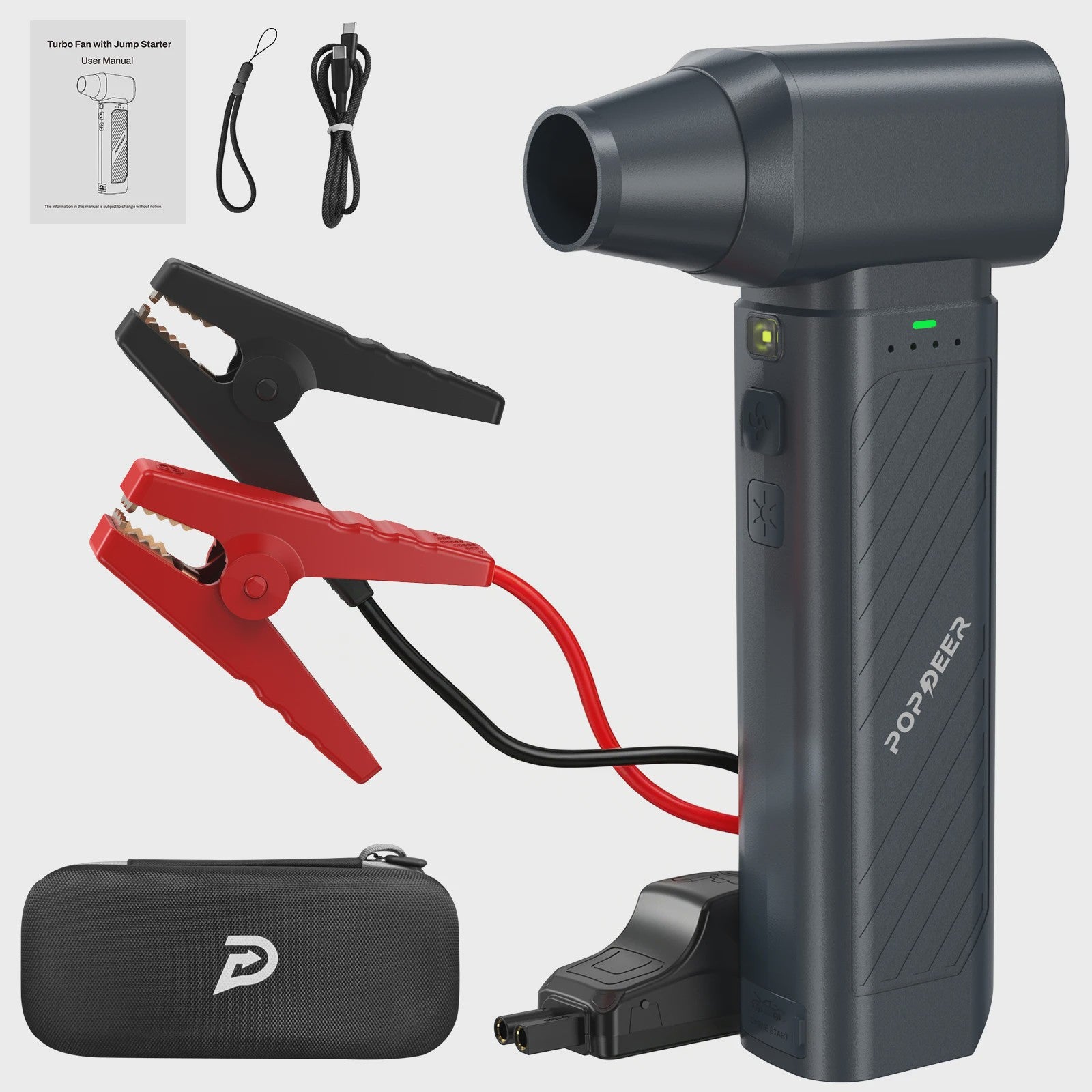 POPDEER PD-JT40 5000A Jump Starter met Turbo Ventilator, 65W Snelladen & 16000mAh Batterij
