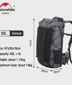 Naturehike Klimrugzak 60+5L - Ruime Outdoor Rugzak voor Reizen, Kamperen en Klimmen met Regenhoes