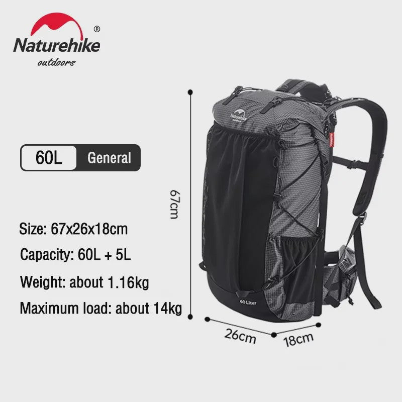 Naturehike Klimrugzak 60+5L - Ruime Outdoor Rugzak voor Reizen, Kamperen en Klimmen met Regenhoes