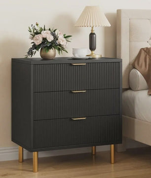 Houten Ladekast met 3 Lades, Modern Dressoir met Gouden Handgrepen en Metalen Poten