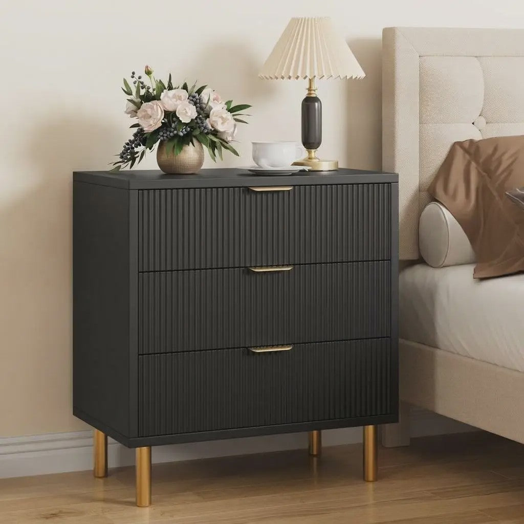 Houten Ladekast met 3 Lades, Modern Dressoir met Gouden Handgrepen en Metalen Poten
