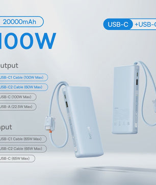 Baseus 145W Powerbank 25000mAh met Ingebouwde Type-C Kabels - Snel Laden voor Laptop, Tablet & Smartphone