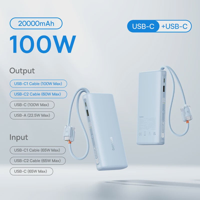 Baseus 145W Powerbank 25000mAh met Ingebouwde Type-C Kabels - Snel Laden voor Laptop, Tablet & Smartphone